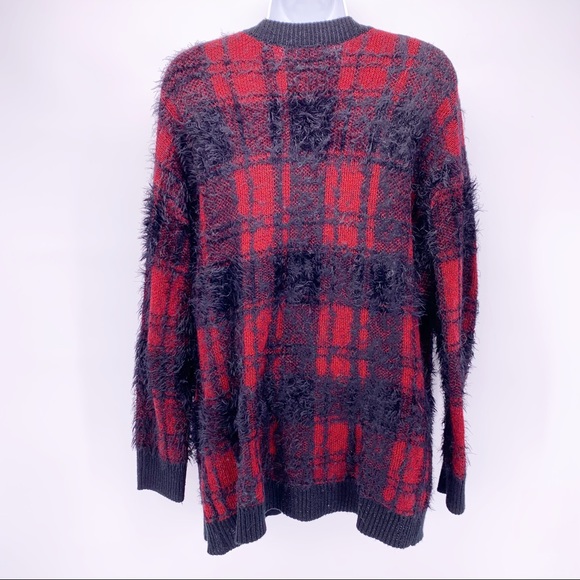 Tobi Red and Black Plaid Fuzzy Cardigan Sweater - Picture 6 of 6